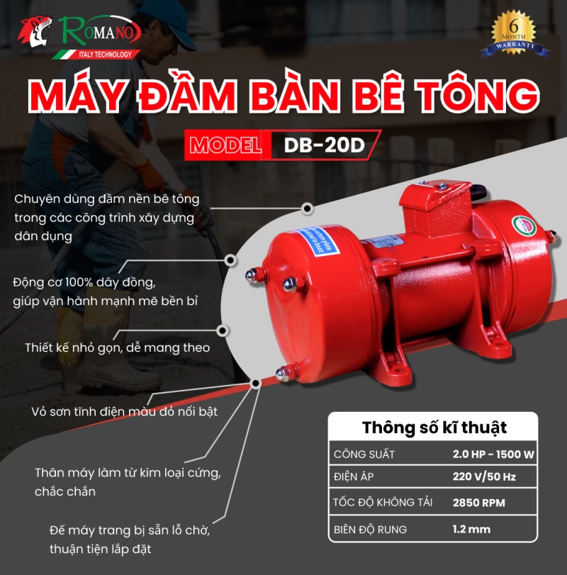 Máy Đầm Bàn 1500W Romano DB-20D - Hình ảnh 2 ROMANO