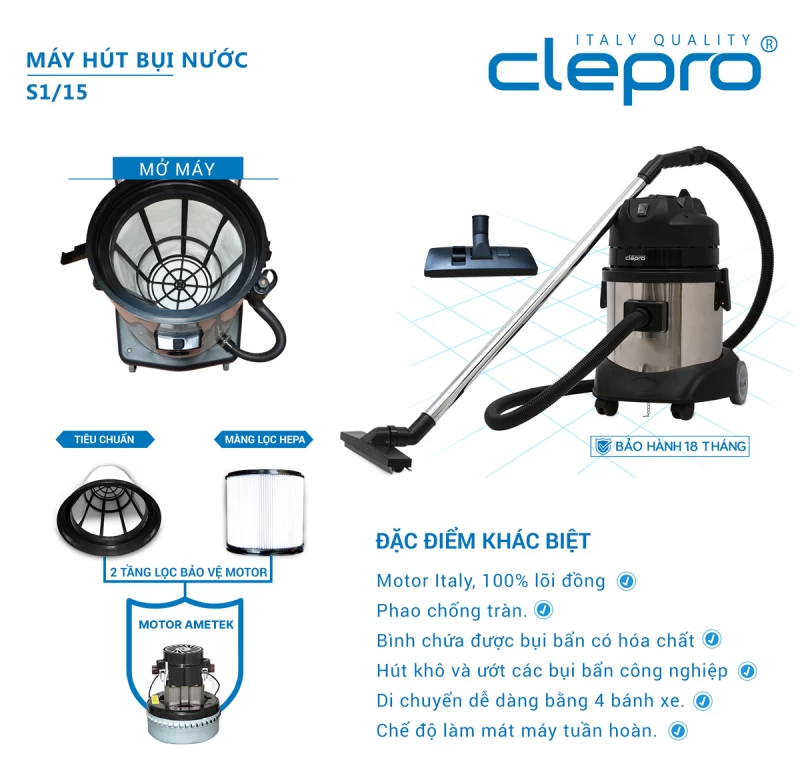 Máy hút bụi khô và ướt CLEPRO S1/15 siêu bền, 2 tầng lọc - Hình ảnh 1 CLEPRO