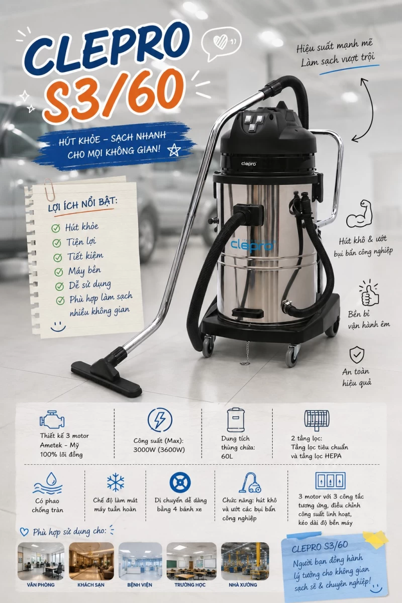 Máy hút bụi khô và ướt CLEPRO S3/60 (3 motor) - Hình ảnh 2 CLEPRO