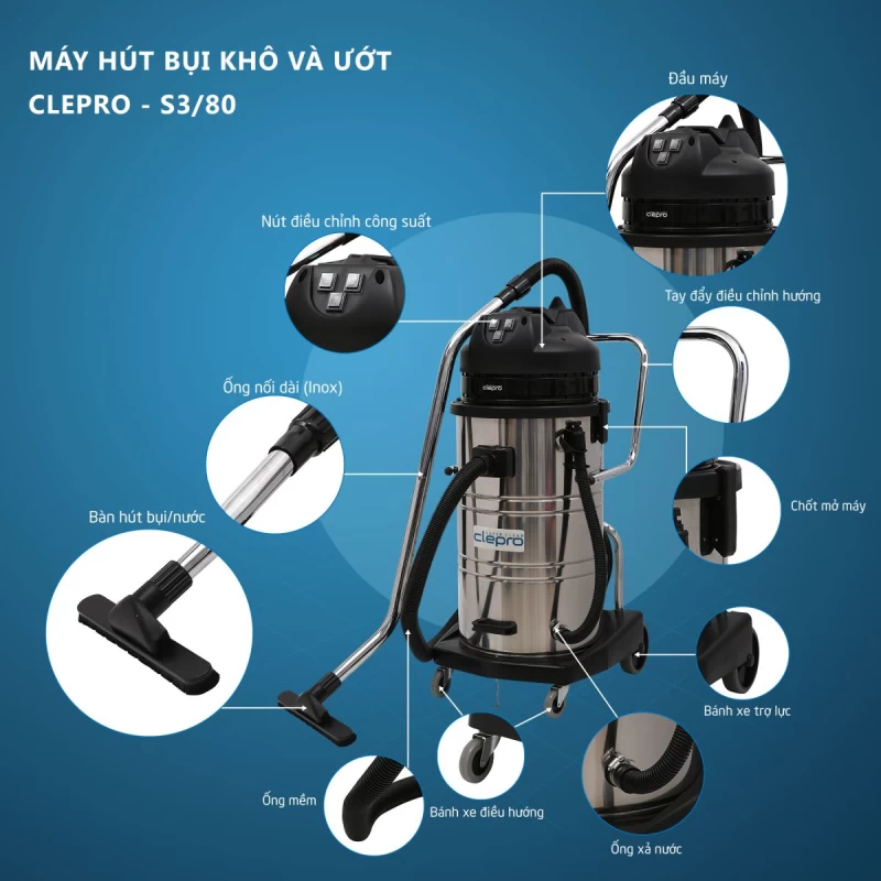 MÁY HÚT BỤI – NƯỚC CLEPRO S3/80 (3 motor) - Hình ảnh 2 CLEPRO