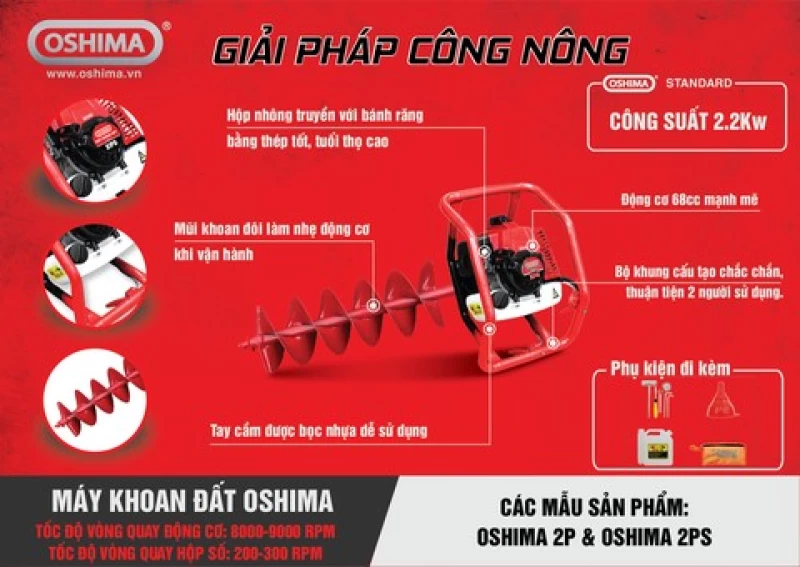 Máy khoan đất Oshima 2PS 68cc Đỏ 2 thì (không mũi) - Hình ảnh 1 OSHIMA