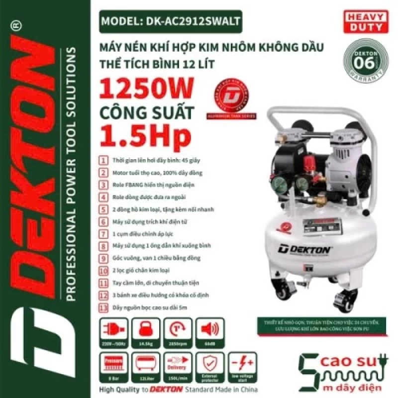 Máy nén khí bình hợp kim Nhôm 12L Dekton DK-AC2912SWALT, Lên Hơi Nhanh - Hình ảnh 1 DEKTON