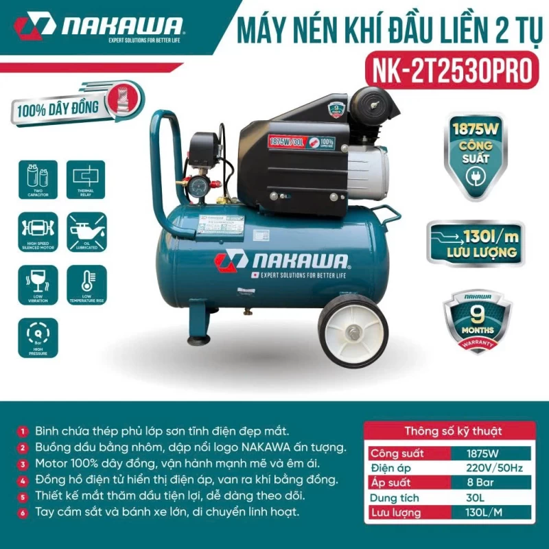 Máy Nén Khí đầu liền 2 tụ 1875W 30L NAKAWA NK-2T2530PRO - Hình ảnh 1 NAKAWA
