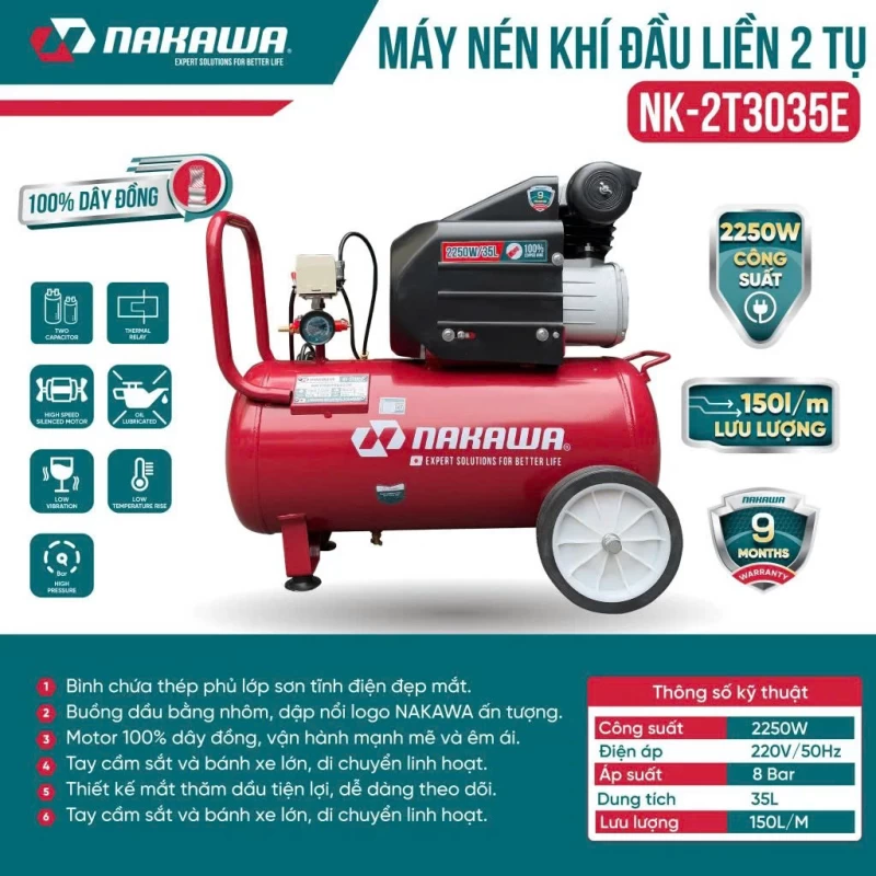 Máy Nén Khí đầu liền 2 tụ 2250W 35L NAKAWA NK-2T3035E - Hình ảnh 3 NAKAWA
