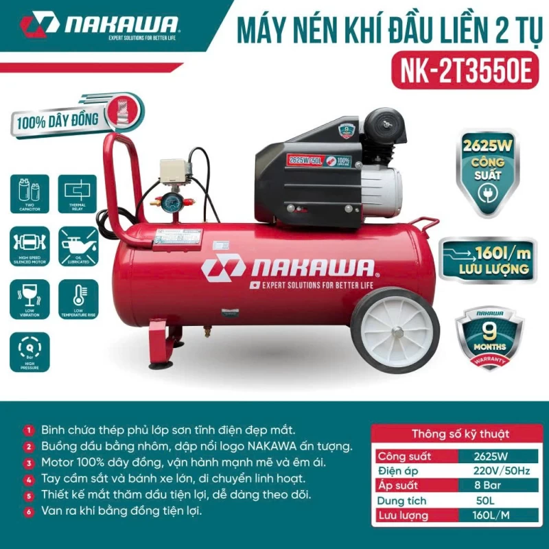 Máy Nén Khí đầu liền 2 tụ 2625W 50L NAKAWA NK-2T3550E - Hình ảnh 5 NAKAWA