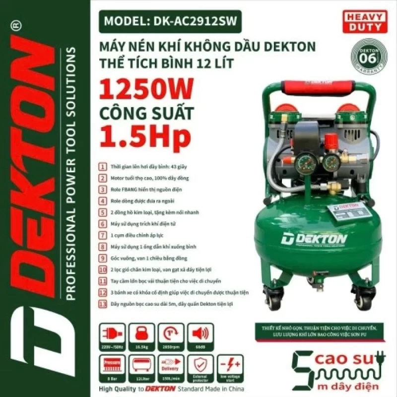 Máy Nén Khí Không Dầu 1.5HP 12L Dekton DK-AC2912SW - Hình ảnh 1 DEKTON