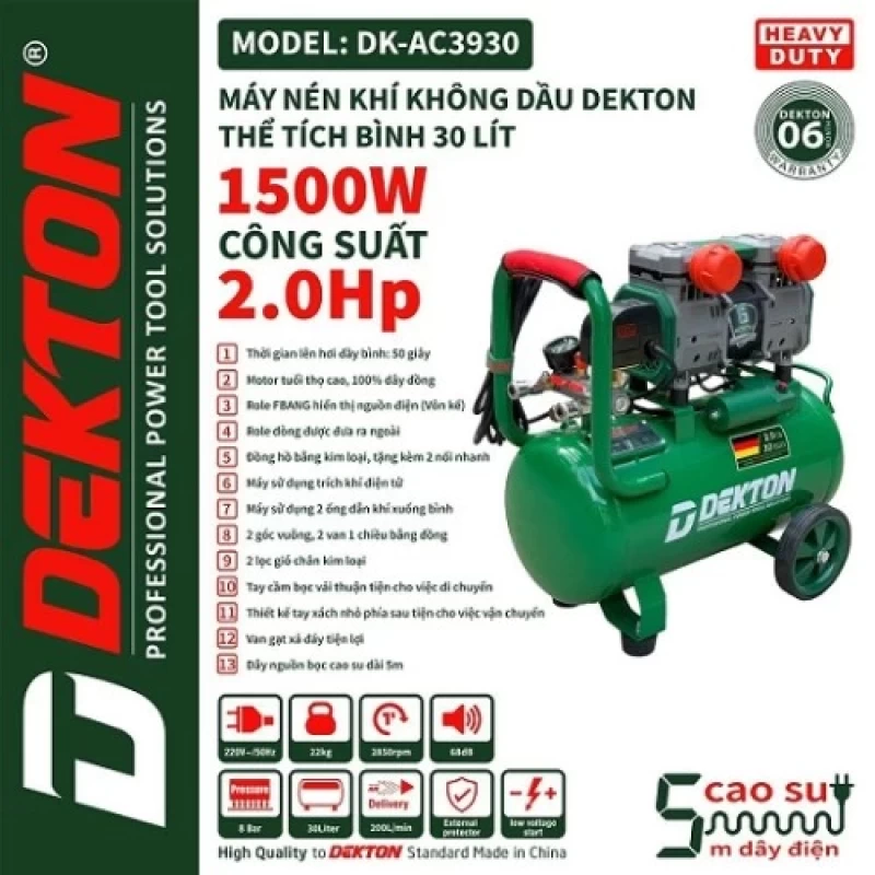 Máy nén khí không dầu 2HP 30L Dekton DK-AC3930 (Đầu thấp – tua nhanh) - Hình ảnh 1 DEKTON