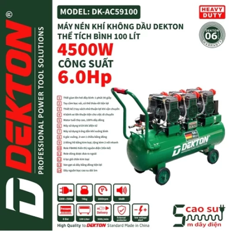 Máy Nén Khí Không Dầu 6Hp 100L Dekton DKAC59-100 - Hình ảnh 1 DEKTON