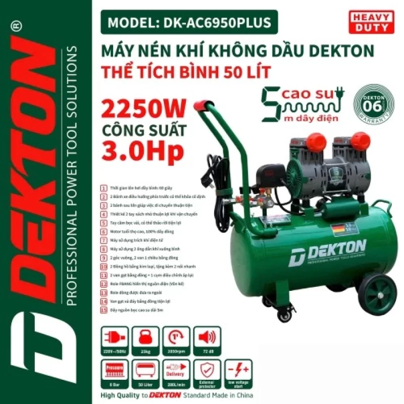 Máy Nén Khí Không Dầu Dekton 50L 3.0Hp DK-AC6950PLUS (Đầu thấp – tua nhanh) - Hình ảnh 1 DEKTON