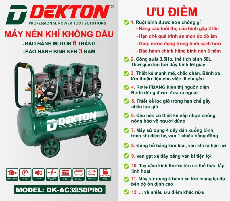 Máy nén khí không dầu Dekton DK-AC3950PRO (50 lít - 3.5 HP) - Hình ảnh 1 DEKTON