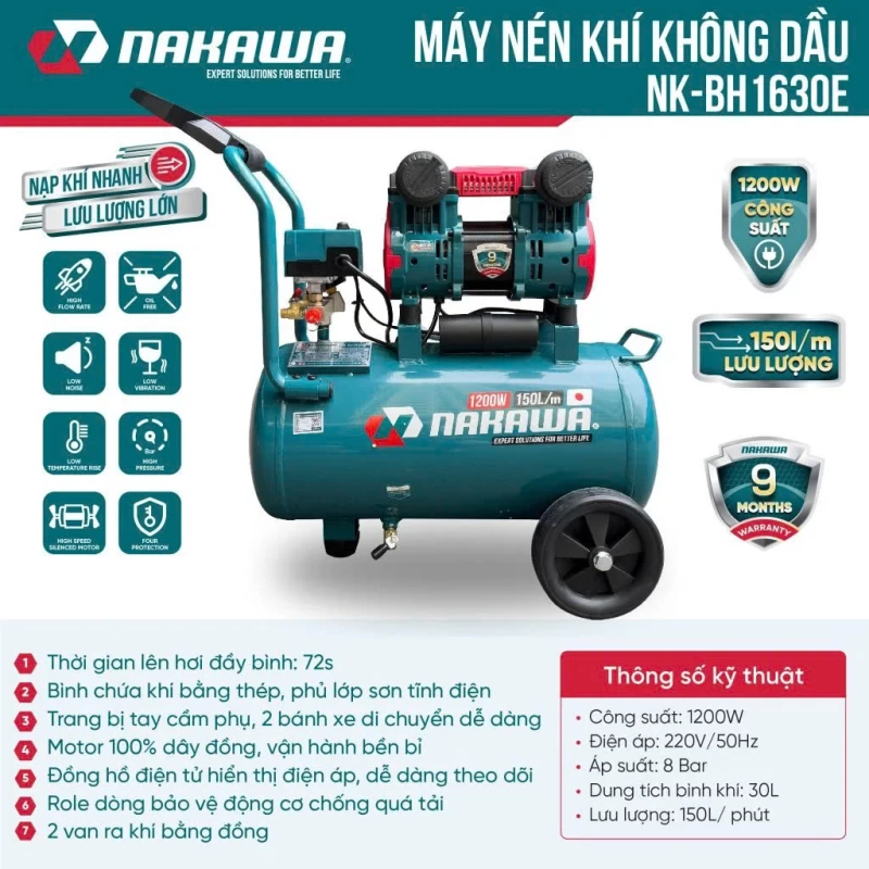 Máy nén khí không dầu, tốc nhanh, siêu êm NK-BH1630E - 30 lít - Hình ảnh 1 NAKAWA