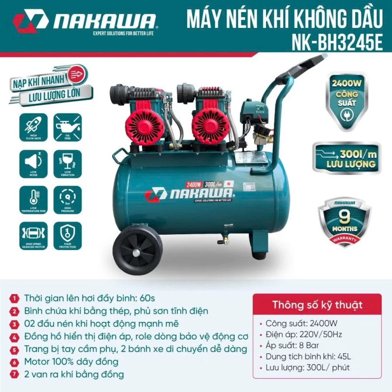 Máy nén khí không dầu, tốc nhanh, siêu êm NK-BH3245E - 45 lít - Hình ảnh 4 NAKAWA