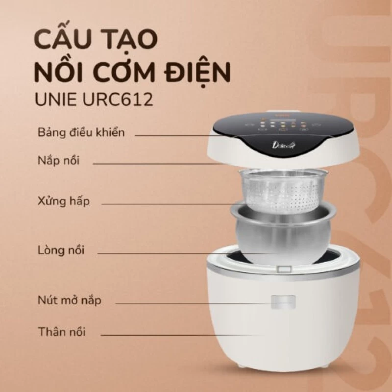 Nồi cơm điện tử UNIE URC612 , nấu cơm giảm đường, lòng nồi inox, dung tích 1,2L - Hình ảnh 16 UNIE