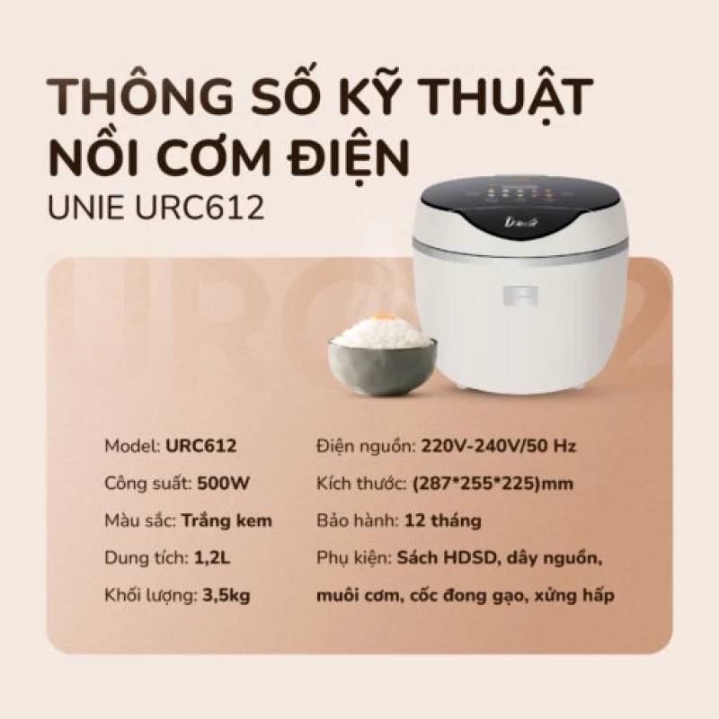 Nồi cơm điện tử UNIE URC612 , nấu cơm giảm đường, lòng nồi inox, dung tích 1,2L - Hình ảnh 19 UNIE